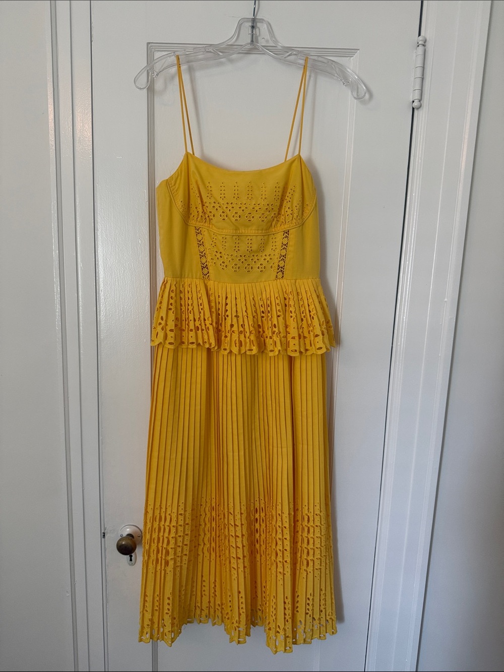 Gianni Bini Yellow Spaghetti Strap Eyelet Pleated Midi Dress